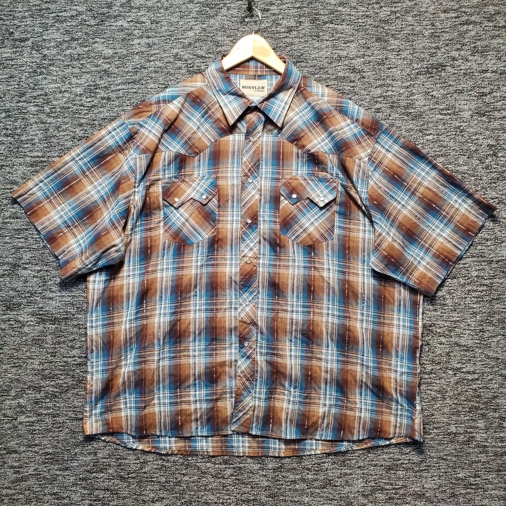 Rustler by Wrangler Mens 2XL Big Pearl Snap Short Sleeve Plaid Shirt Western VTG